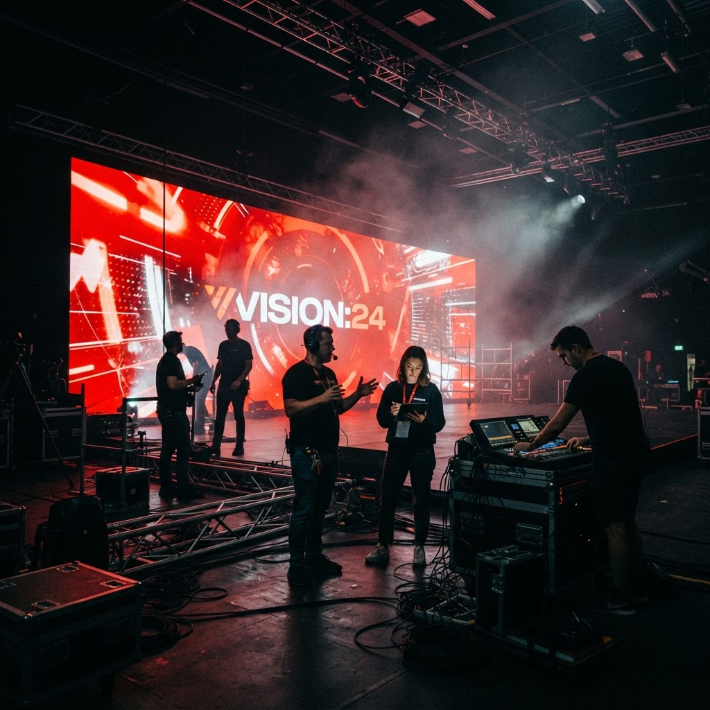 GO Live Media creative team working against a glowing LED wall